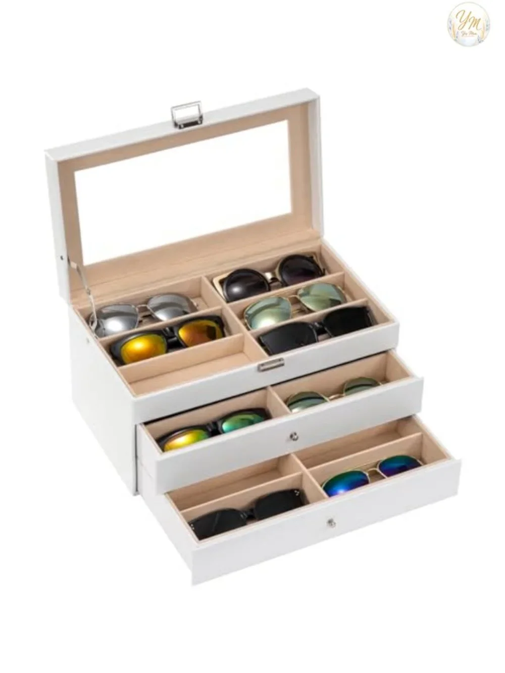 18-Slot Sunglass Storage Organizer with Removable Drawers, PU Leather Box Case